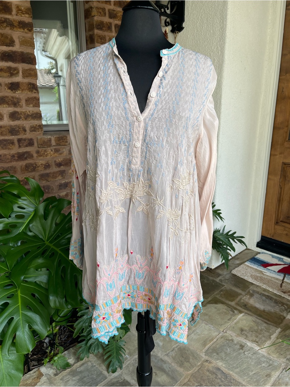 Johnny Was Cream Embroidered Long Sleeve Tunic with Blue & Pink Accents
